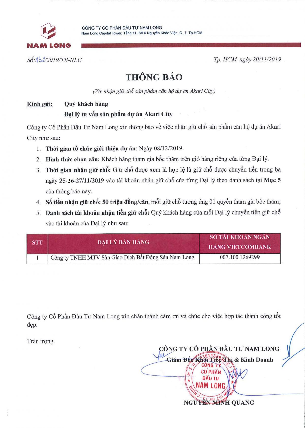 THÔNG TIN TÀI KHOẢN GIỮ CHỖ DỰ ÁN AKARI CITY GĐ 1