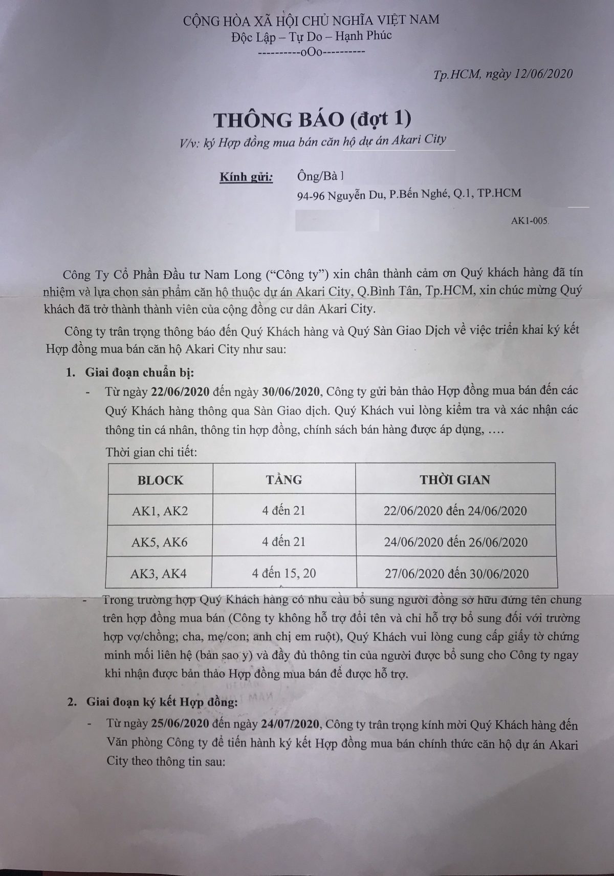 Thông báo: V/v Ký Hợp Đồng Mua Bán Căn hộ Akari City.