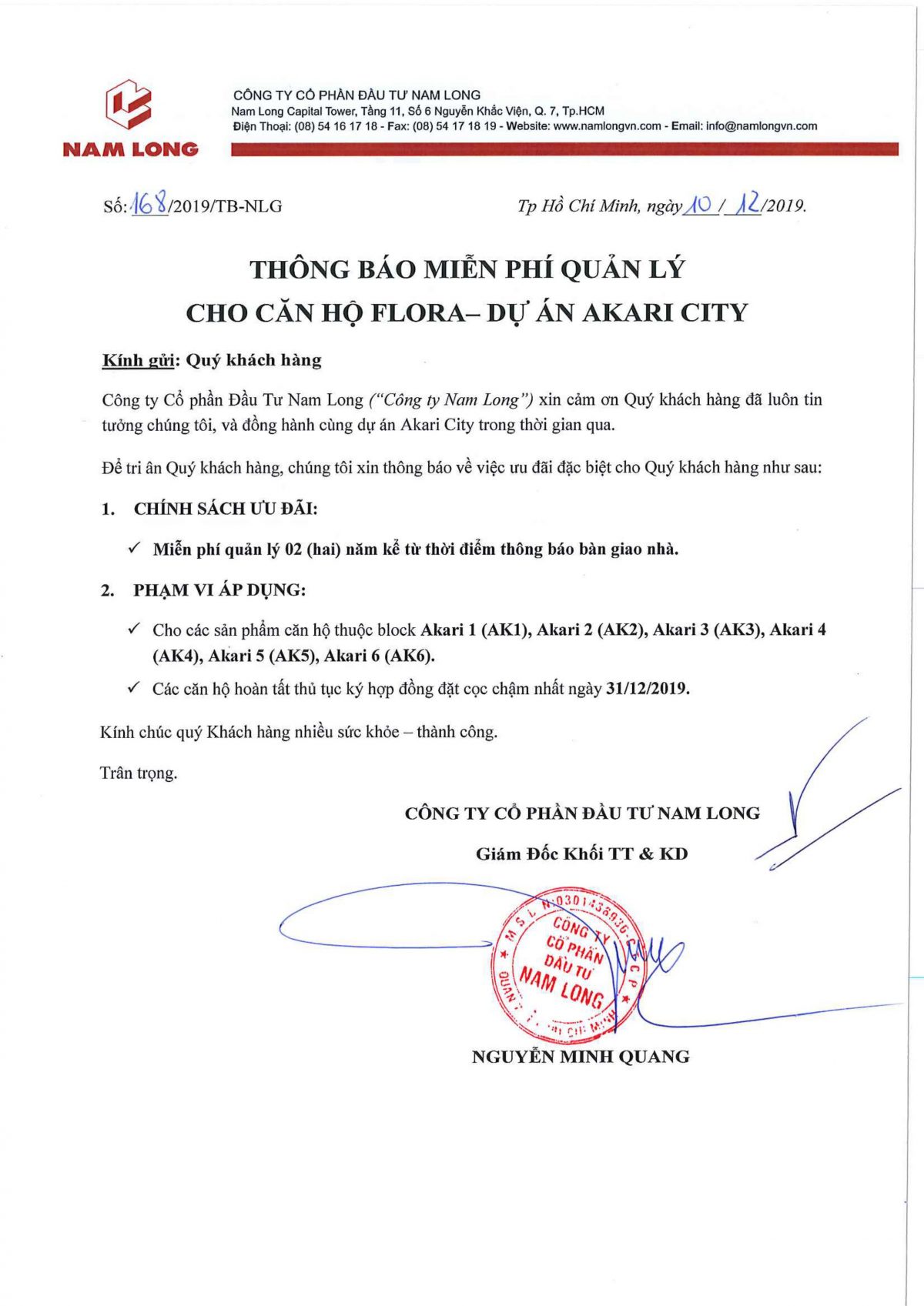Thông báo miễn phí quản lý 2 năm Akari City các tháp AK1 đến AK6
