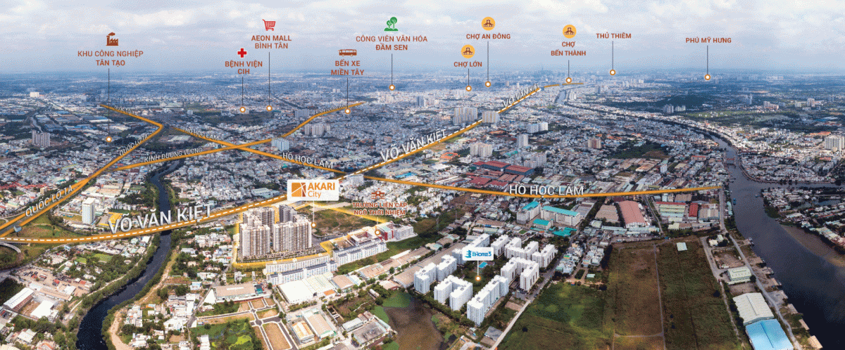 Vị trí Akari City: 77 Võ Văn Kiệt, Phường An Lạc, Quận Bình Tân, Tp. Hồ Chí Minh
